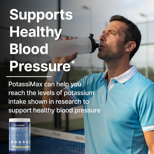 PMAX1000 tub label closeup emphasizes high-dose potassium for daily wellness.