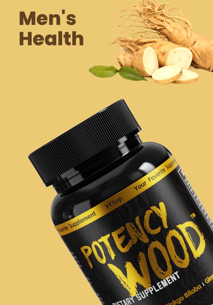 Potency Wood ingredients scene features ginseng, ashwagandha, and ginkgo for balanced wellness.