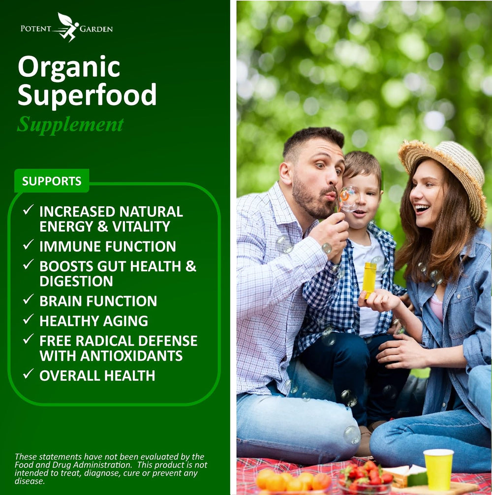 Potent Garden alfalfa-spirulina-kale blend highlights plant-based antioxidants for daily wellness.