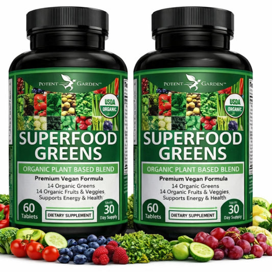 Potent Garden organic greens 2-pack bottles shown, supporting daily energy and immunity.