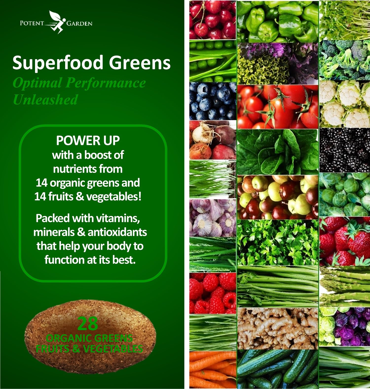 Potent Garden capsules close-up, convenient daily nutrition for busy lifestyles.
