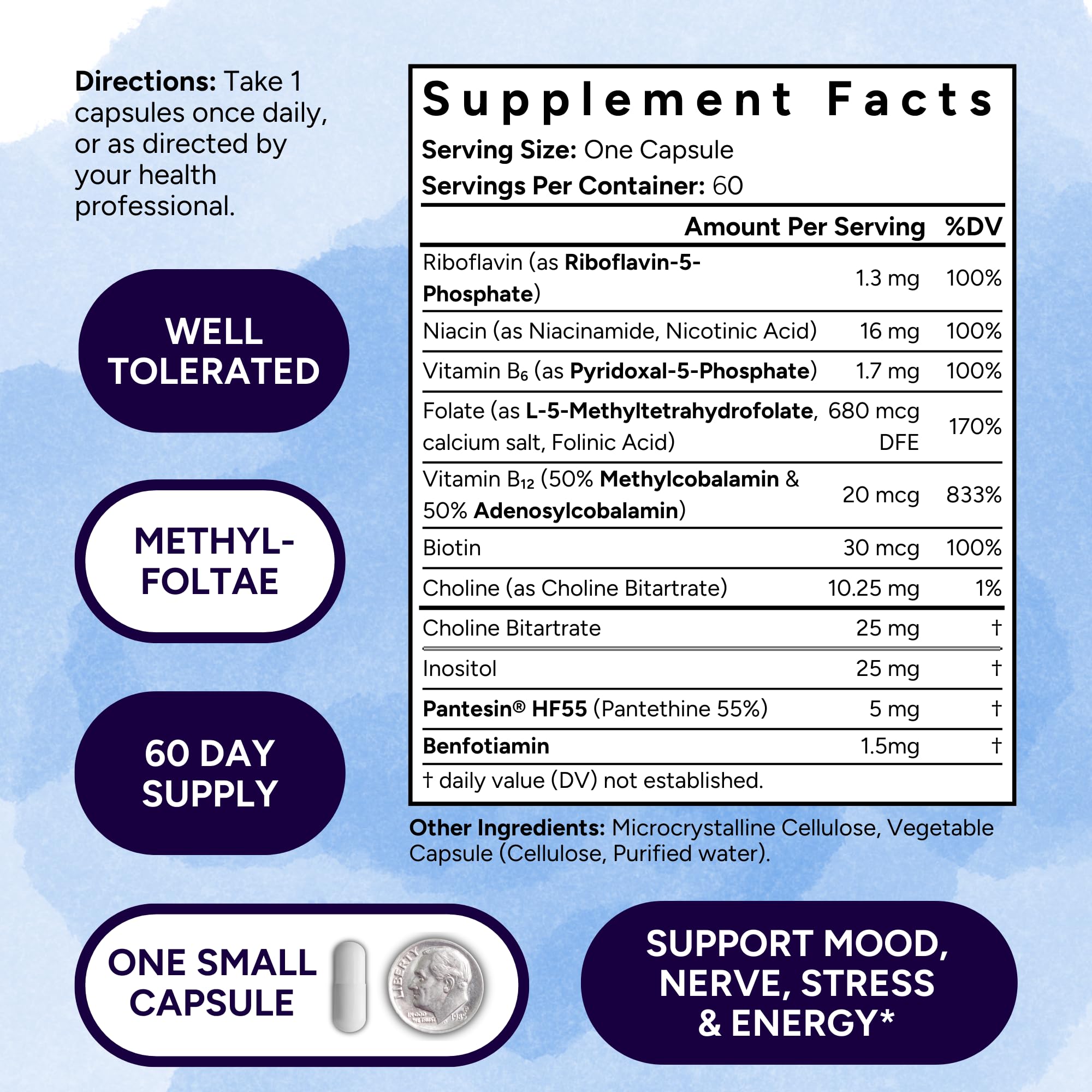 Potent Nutri Low Dose B-Complex bottle pour demonstrates easy daily dosing.