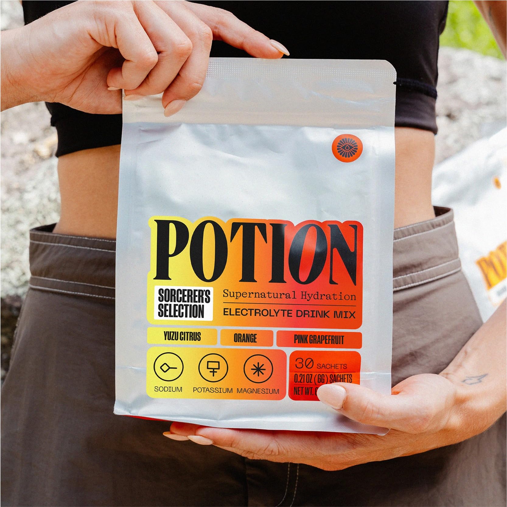 Potion Sorcerer's Selection zero sugar label on the pouch