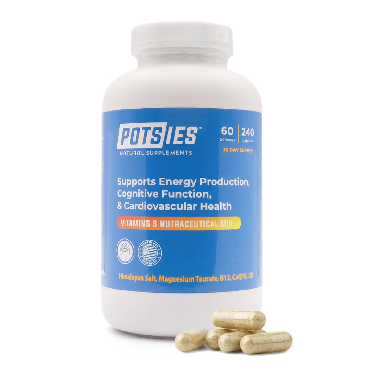 Potsies POTS bottle front view highlighting branding and daily wellness support.