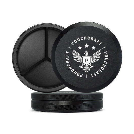 PouchCraft metal can tall angled view shows durable anodized design for daily carry.