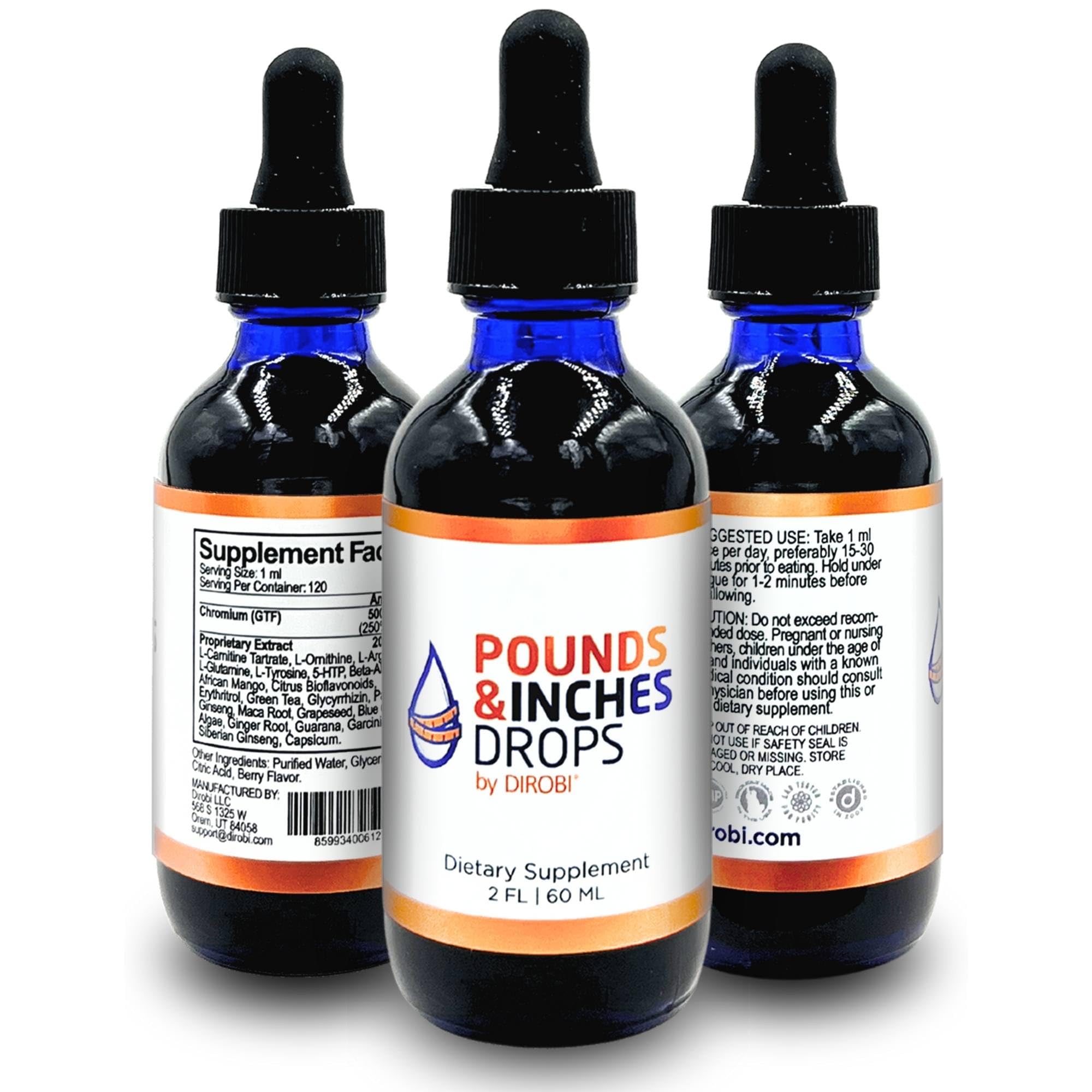 Pounds and Inches Drops bottle front with blueberry flavor for simple daily use