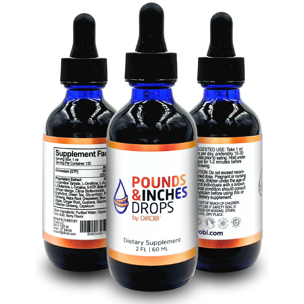 Pounds and Inches Drops bottle front with blueberry flavor for simple daily use