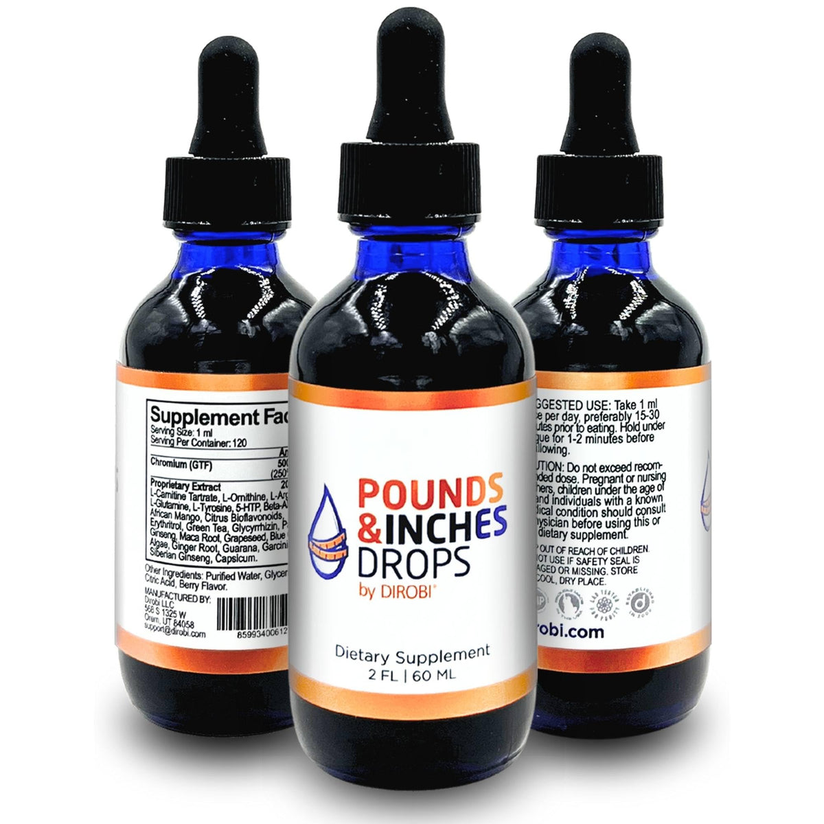 Pounds and Inches Drops bottle front with blueberry flavor for simple daily use