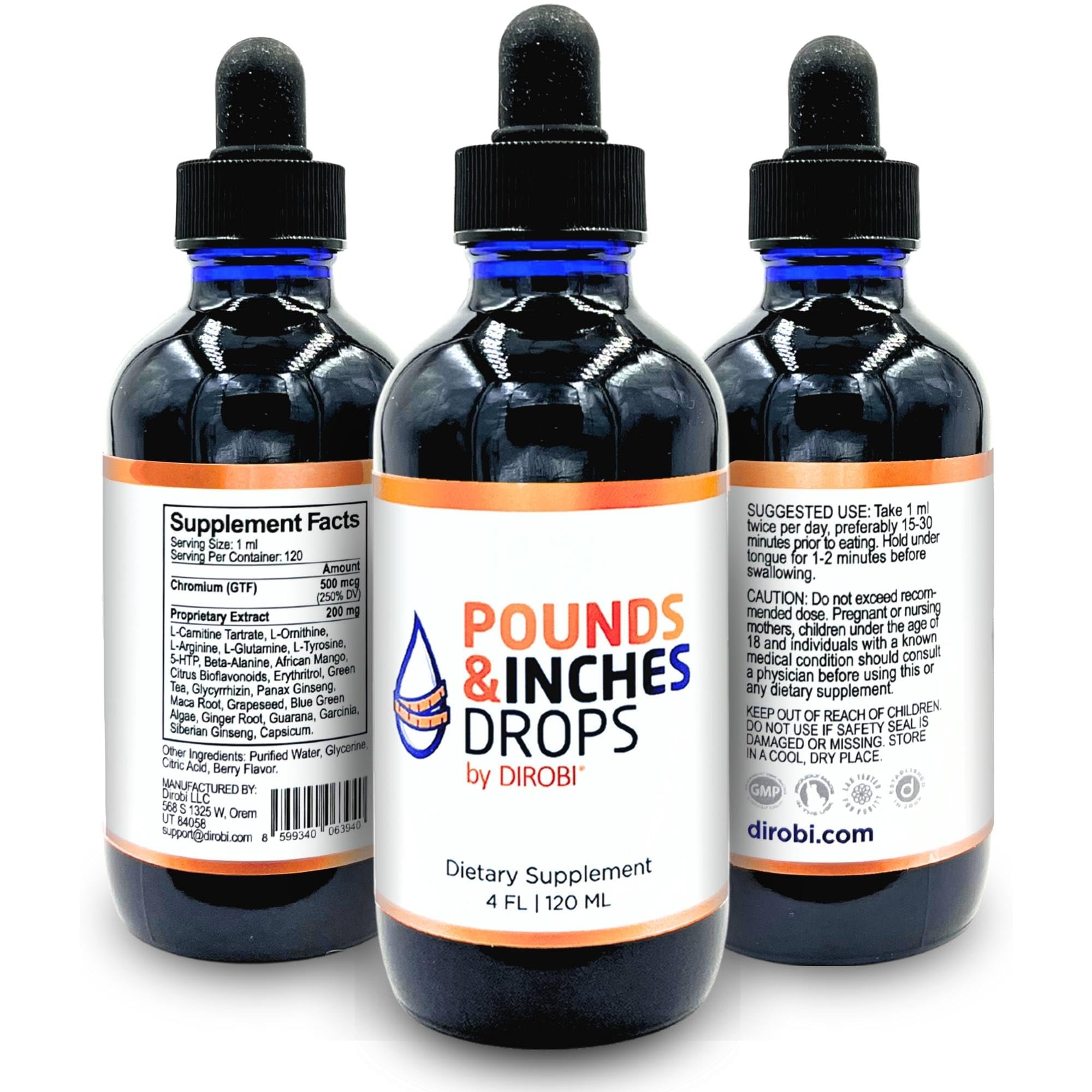 Pounds and Inches Drops bottle with dropper for convenient daily use.