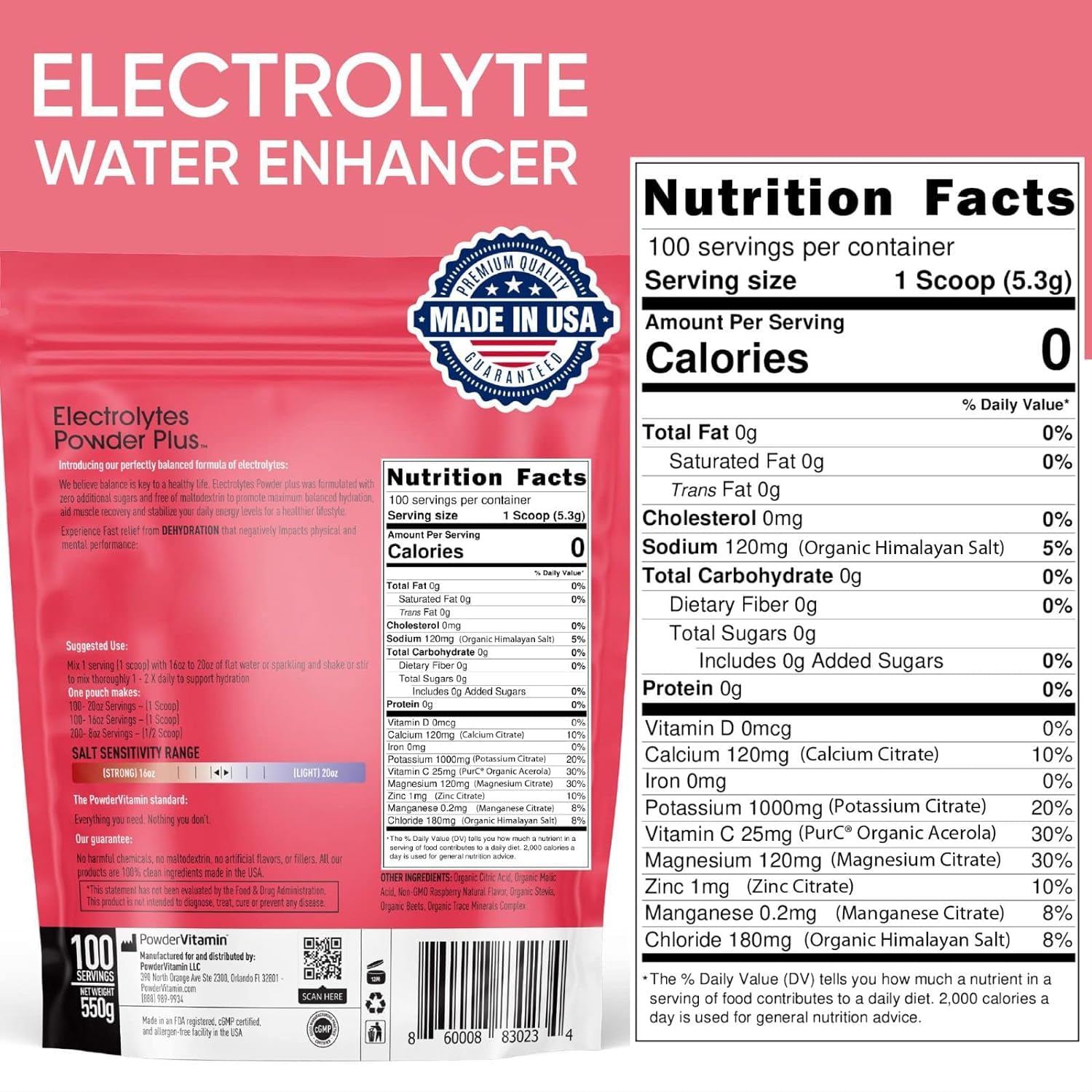Close-up of Electrolytes Plus label highlighting minerals.