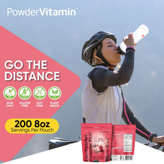 Scooping PowderVitamin Electrolytes Plus raspberry powder into water.