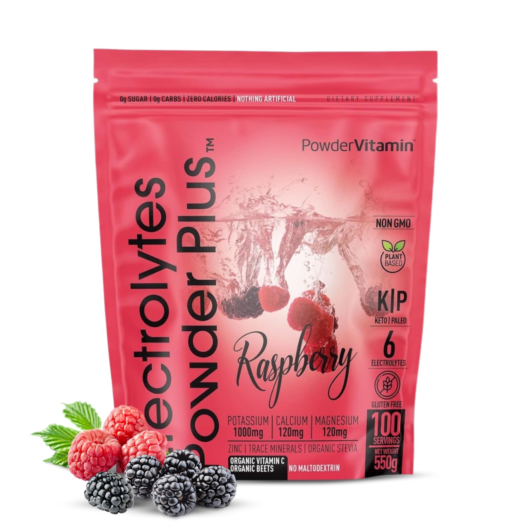 PowderVitamin Electrolytes Plus raspberry tub ready for daily hydration.