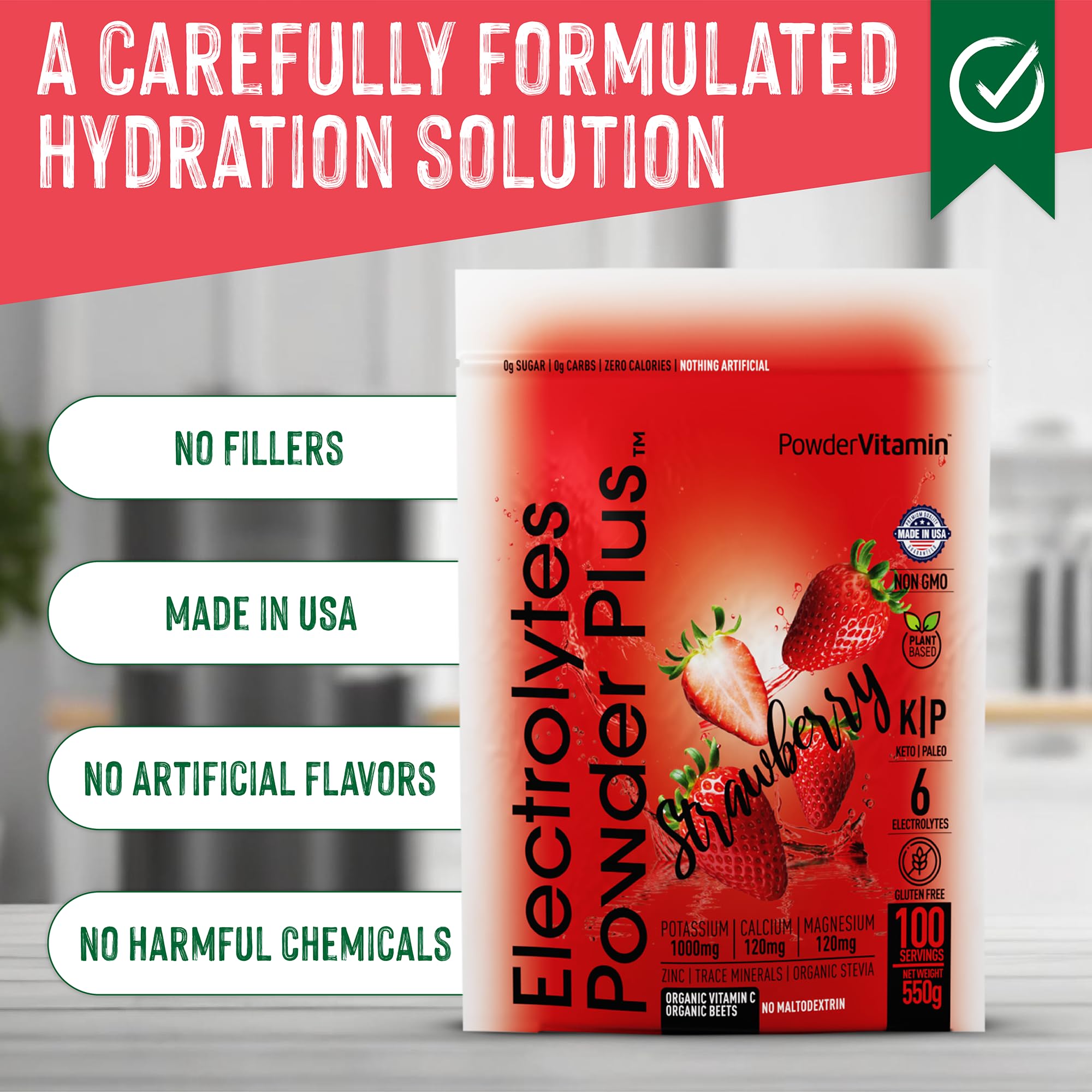 PowderVitamin Electrolytes Powder Plus strawberry label close-up highlights clean keto formula.