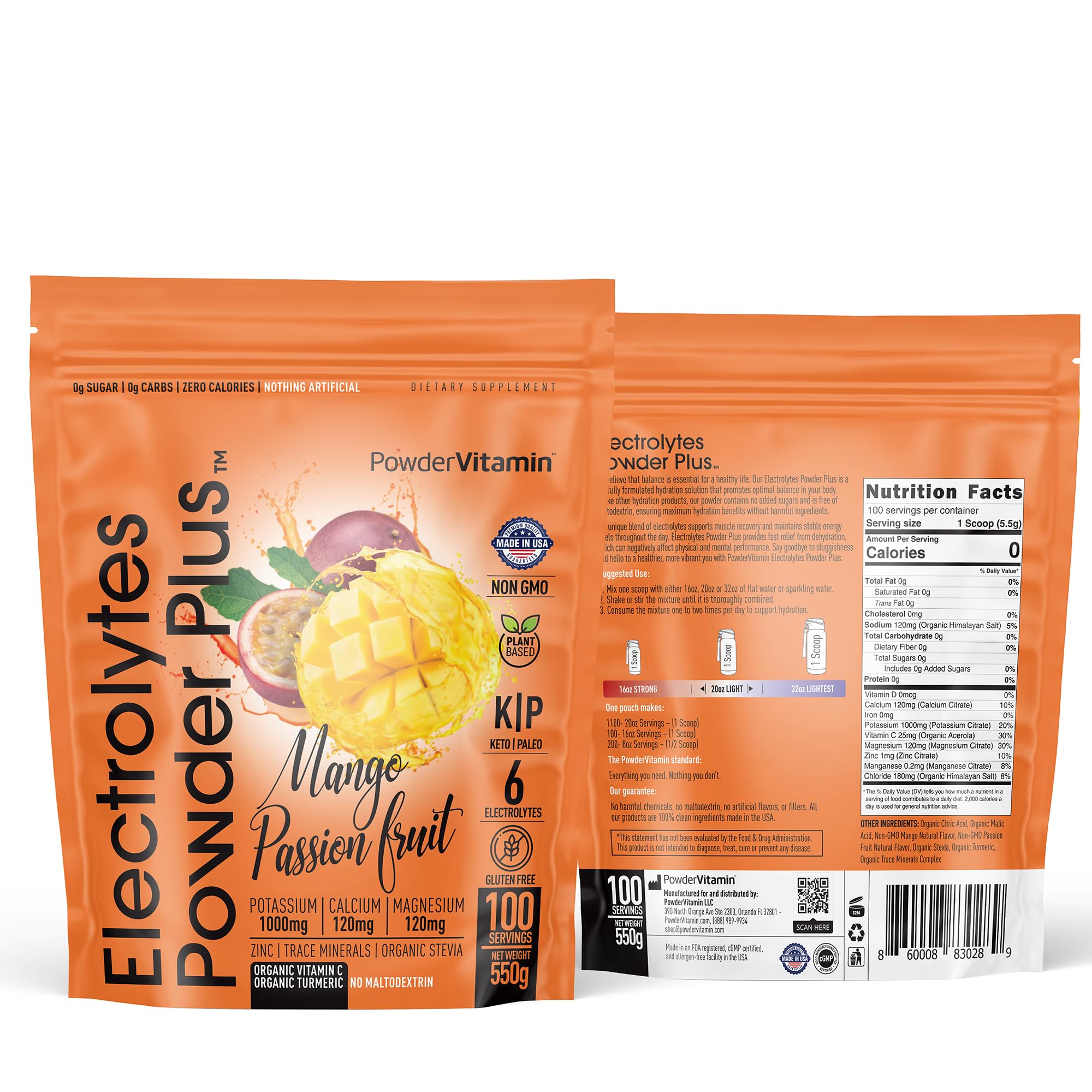 PowderVitamin Electrolytes Plus mango bottle for refreshing workouts.