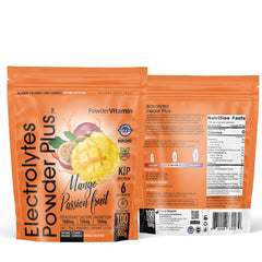 PowderVitamin Electrolytes Plus mango bottle for refreshing workouts.