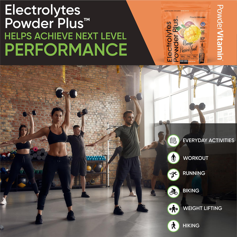 PowderVitamin Electrolytes mango flavor label highlighting tropical experience.