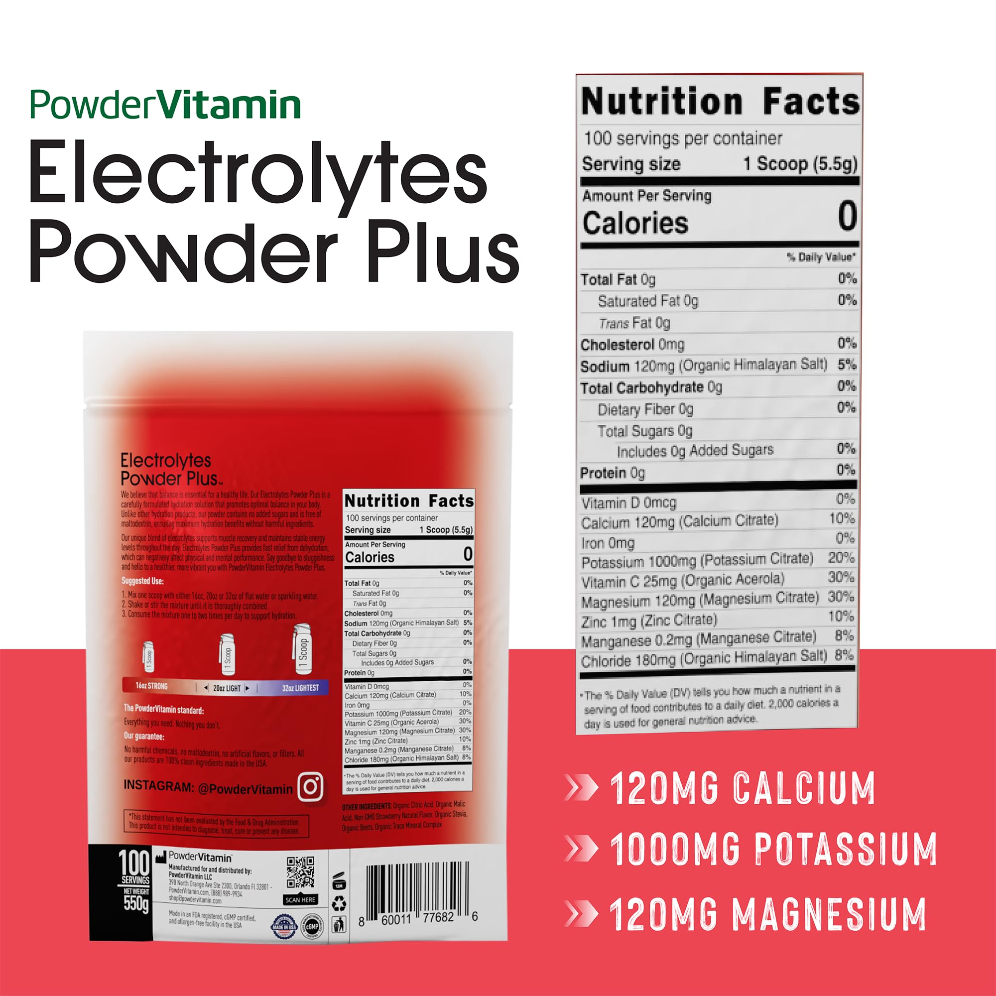 PowderVitamin Electrolytes Powder Plus strawberry glass, mix for zero-calorie hydration on the go.