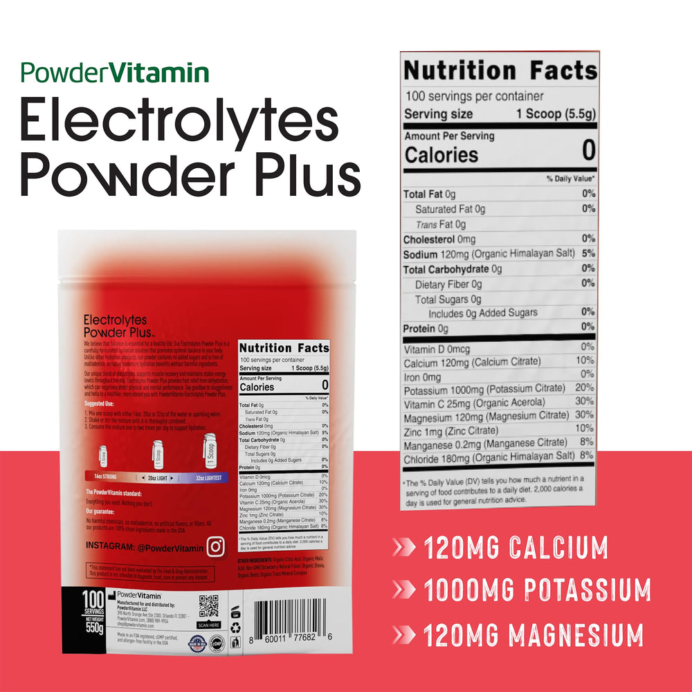 PowderVitamin Electrolytes Powder Plus strawberry glass, mix for zero-calorie hydration on the go.