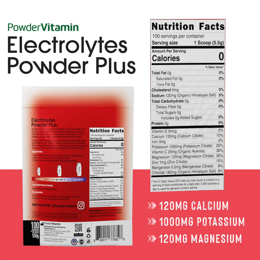 PowderVitamin Electrolytes Powder Plus strawberry glass, mix for zero-calorie hydration on the go.