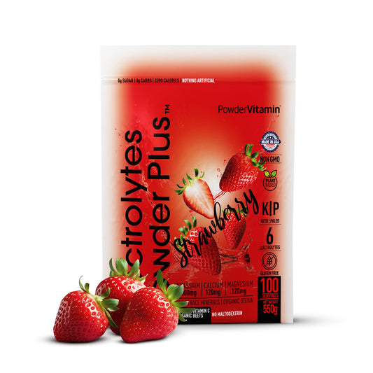 PowderVitamin Electrolytes Powder Plus strawberry jar for easy hydration after workouts.