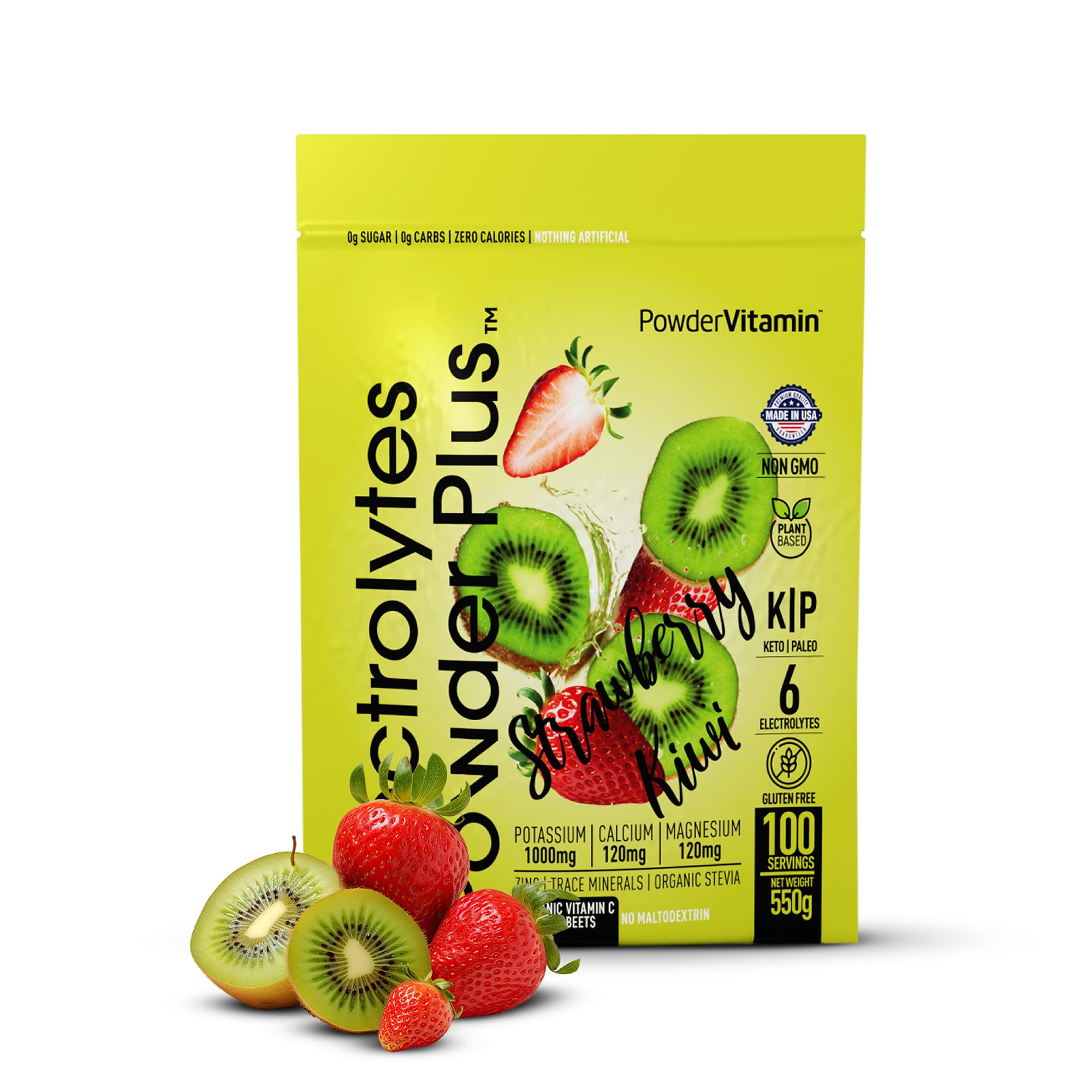 PowderVitamin Electrolytes Plus strawberry kiwi bottle pour for hydration and flavor