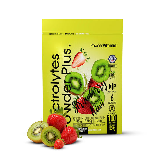 PowderVitamin Electrolytes Plus strawberry kiwi bottle pour for hydration and flavor