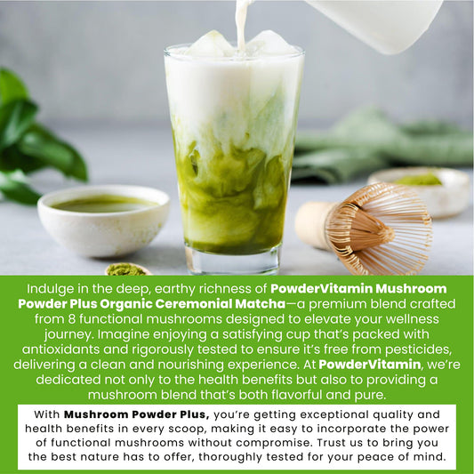 PowderVitamin matcha powder close-up highlights vibrant color and energizing aroma.