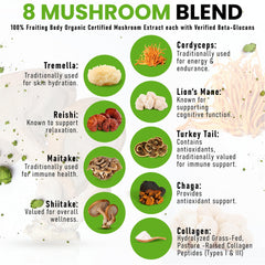 PowderVitamin mushroom variety image displays eight fruiting bodies for immune support.