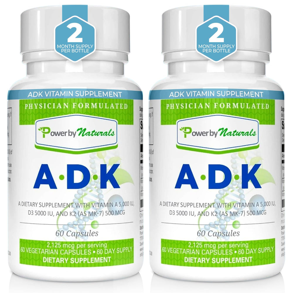 Power By Naturals ADK bottle front shows a high-potency vitamin blend for bone support.