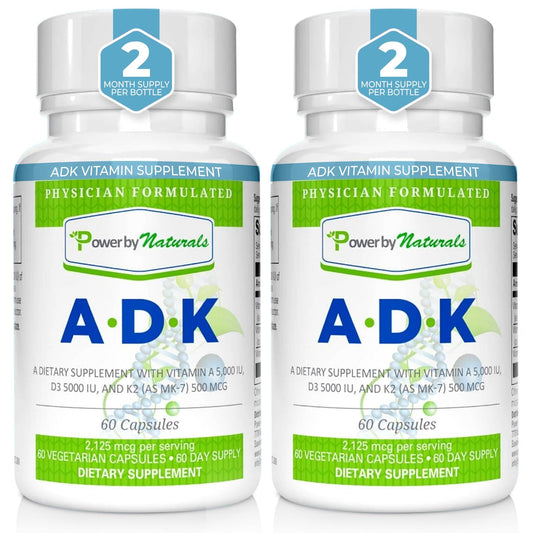 Power By Naturals ADK bottle front shows a high-potency vitamin blend for bone support.