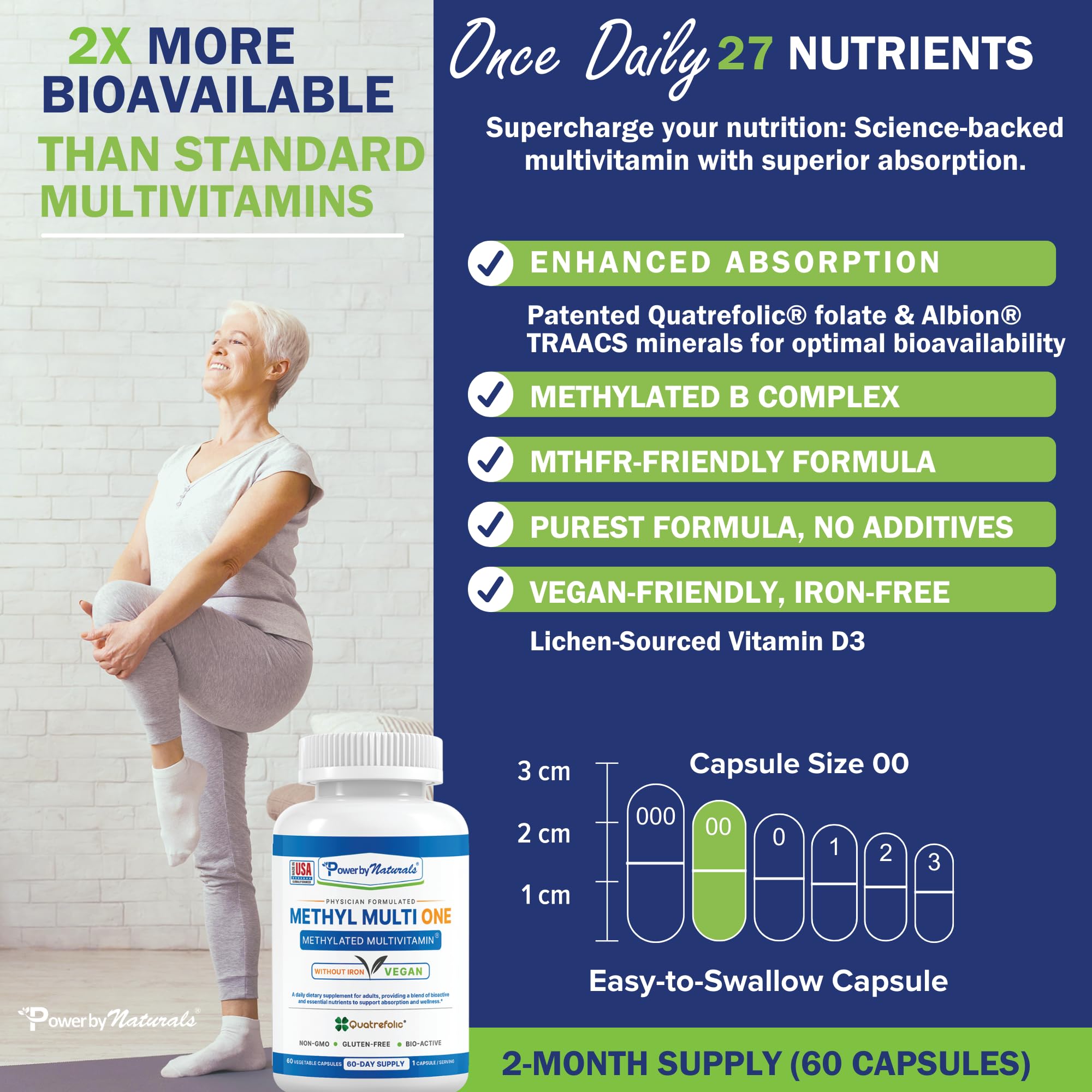 Power By Naturals Methyl Multi One bottle side emphasizes iron-free formula