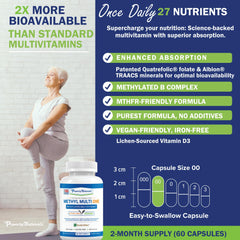 Power By Naturals Methyl Multi One bottle side emphasizes iron-free formula