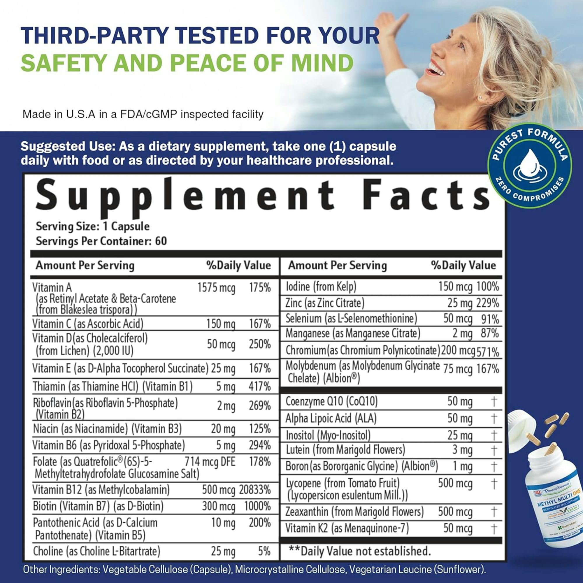 Power By Naturals Methyl Multi One label detail highlights bioactive folate and B vitamins