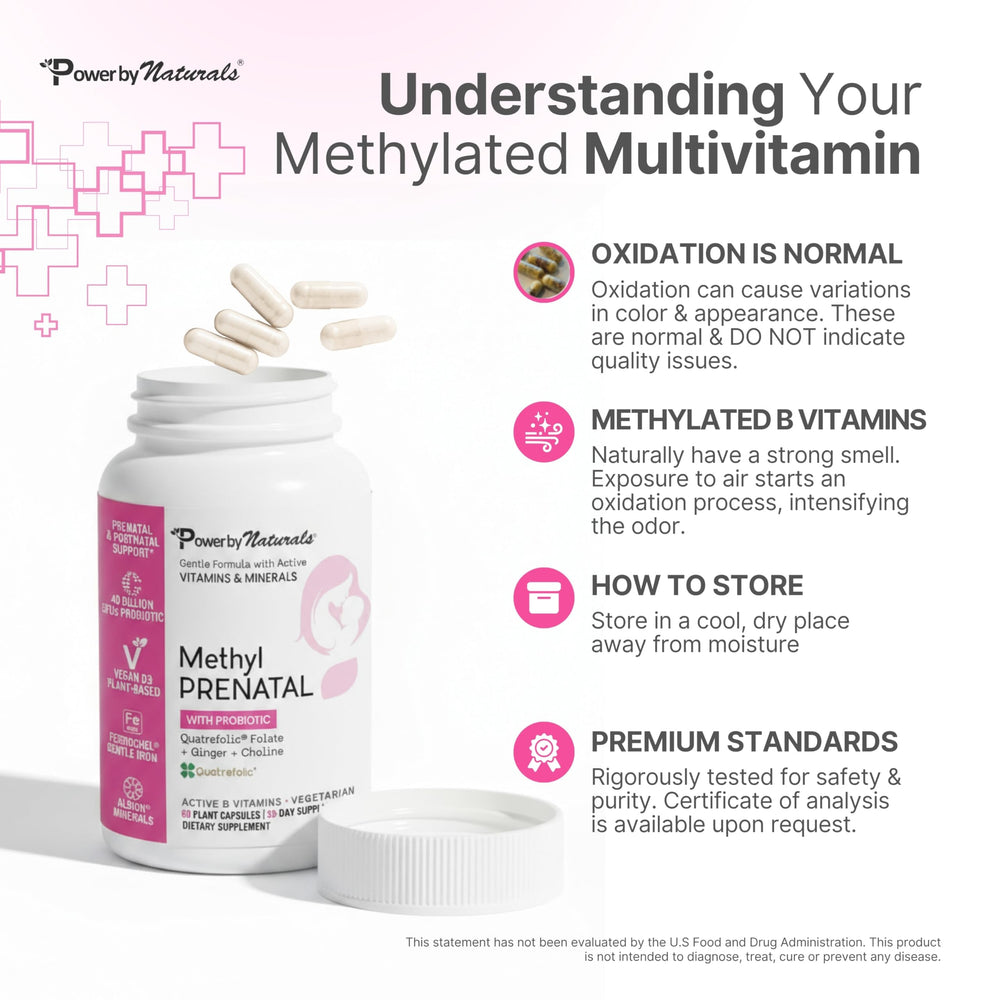 Power By Naturals Methyl Prenatal GMP badge on packaging communicates quality assurance.
