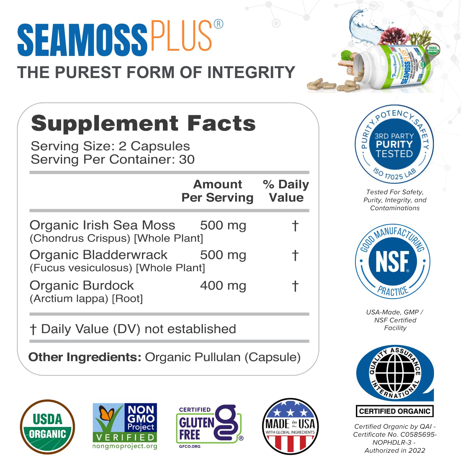 Power By Naturals Sea Moss Plus capsules closeup showing convenient dosing.