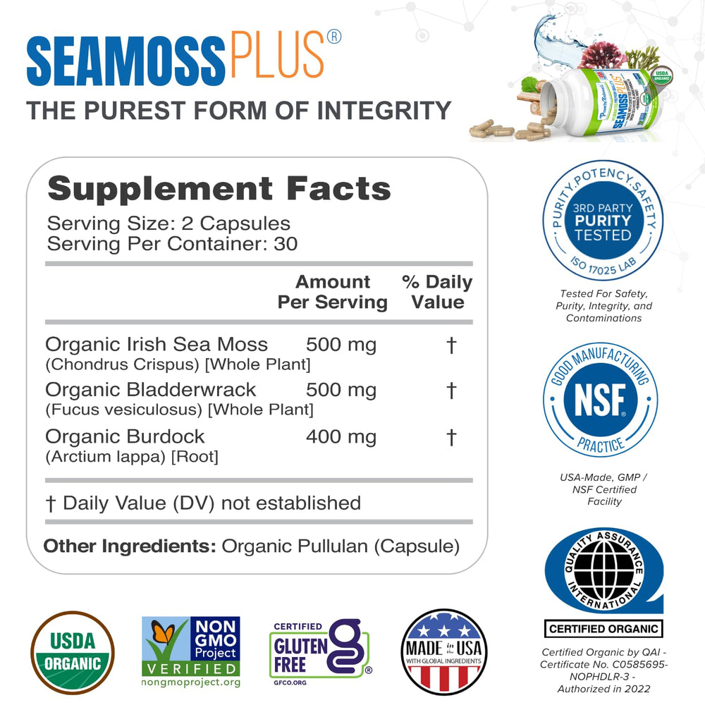 Power By Naturals Sea Moss Plus capsules closeup showing convenient dosing.