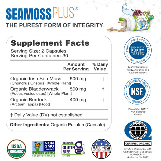 Power By Naturals Sea Moss Plus capsules closeup showing convenient dosing.