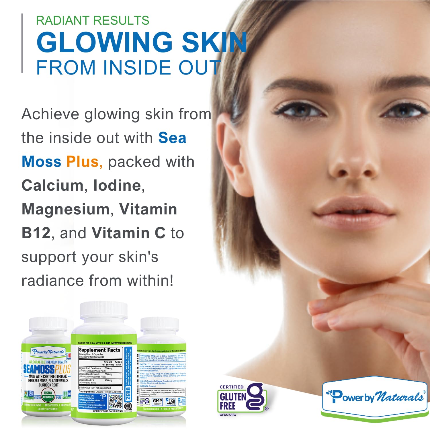 Power By Naturals Sea Moss Plus Irish sea moss 500mg content highlighted.