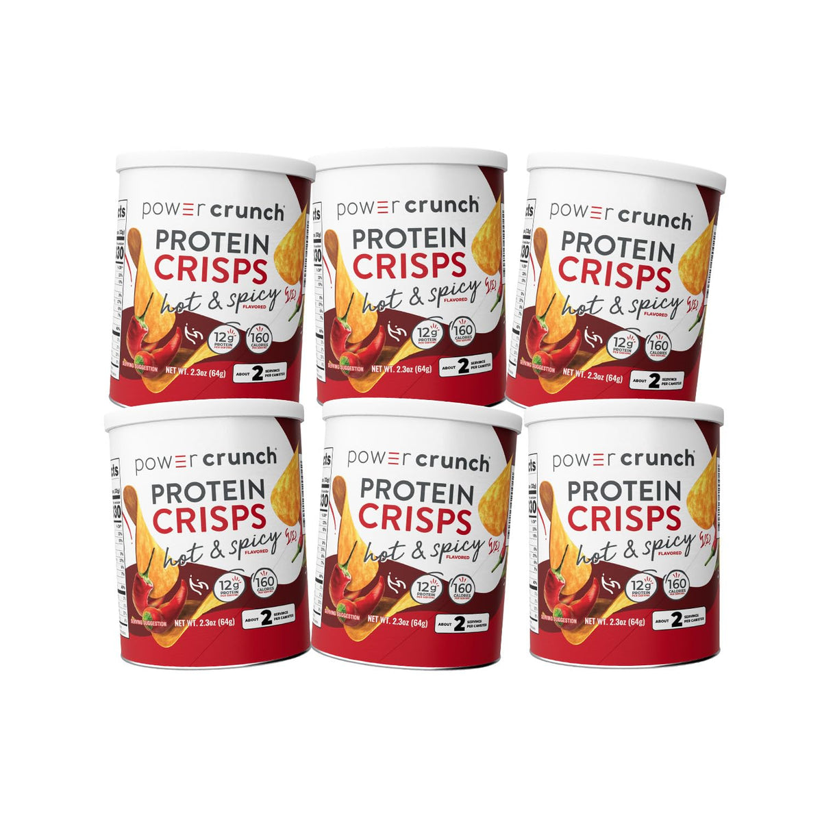 Power Crunch Protein CRISPS Hot and Spicy can shows a protein-packed snack on the go