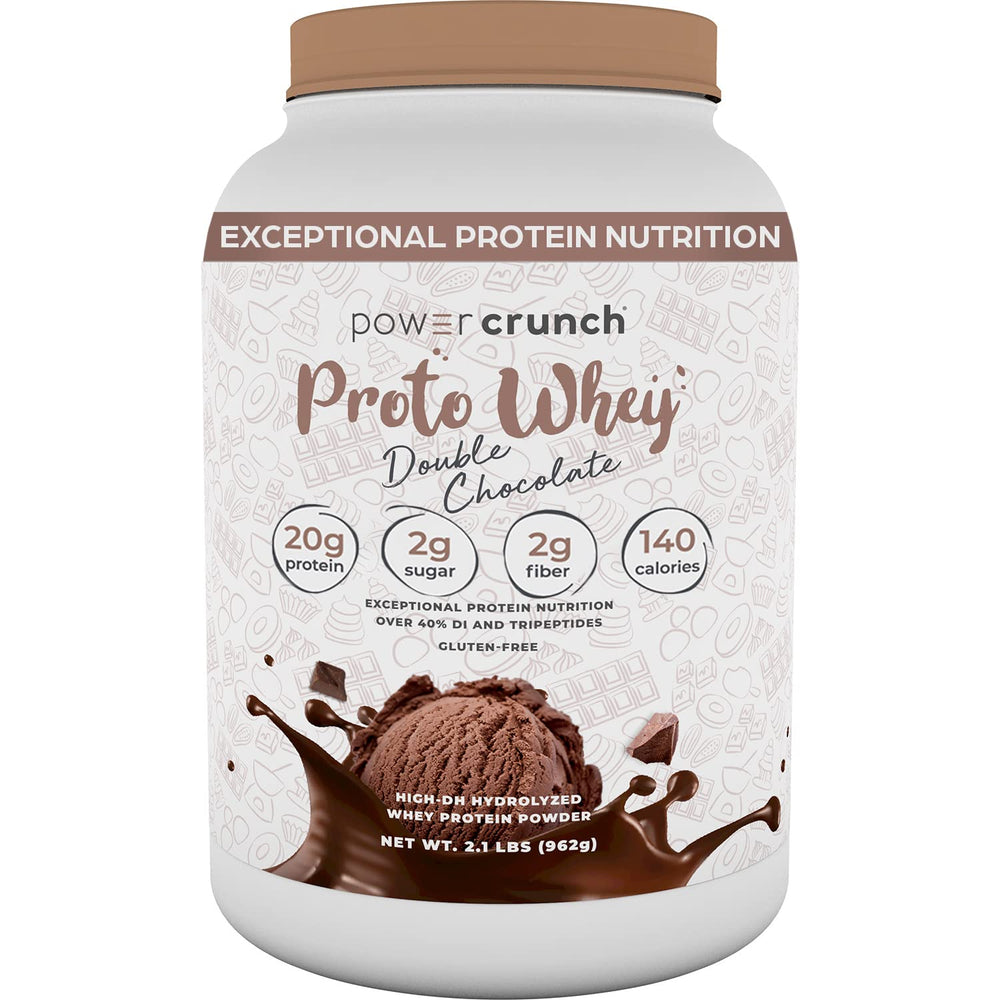 Power Crunch Proto Whey Double Chocolate powder container for quick, tasty protein intake.