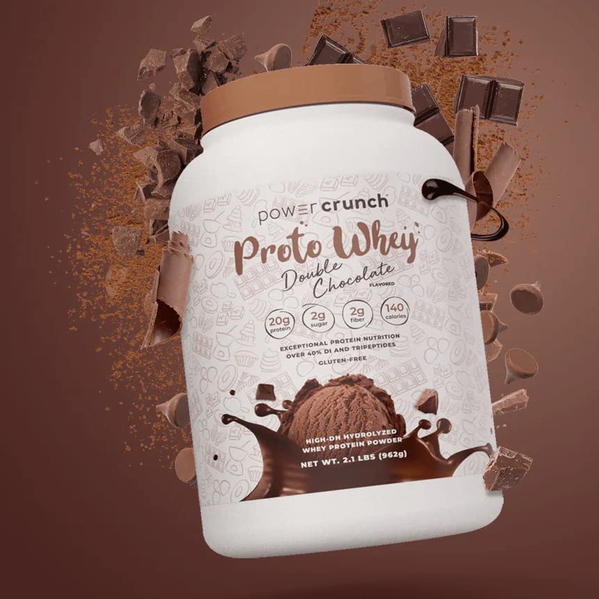 Power Crunch Proto Whey nutrition label close-up showing 20g protein per serving.
