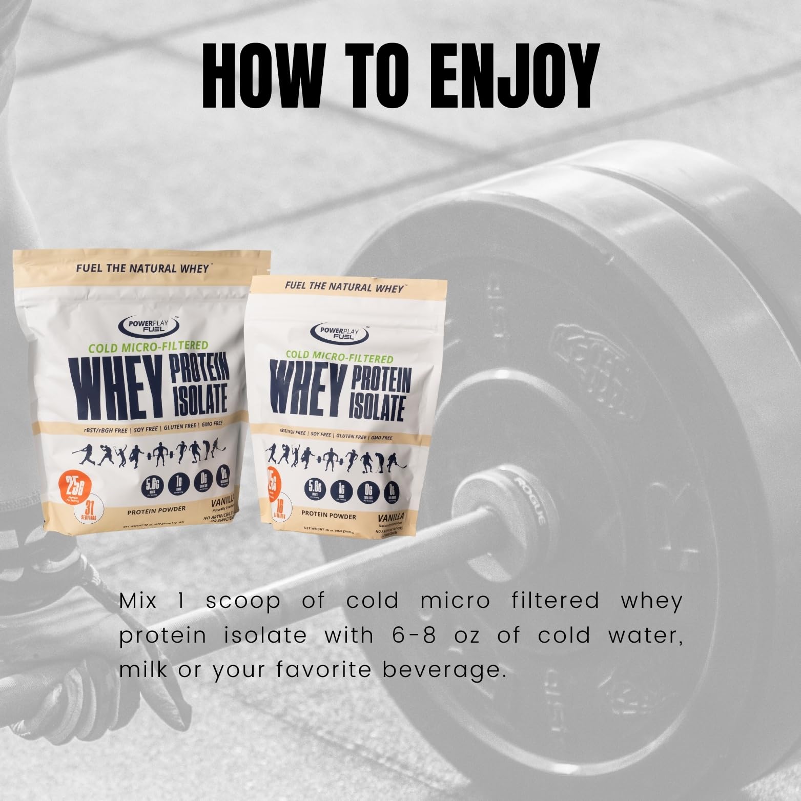 POWER PLAY FUEL 1lb bottle shown in a gym setting for convenient fueling