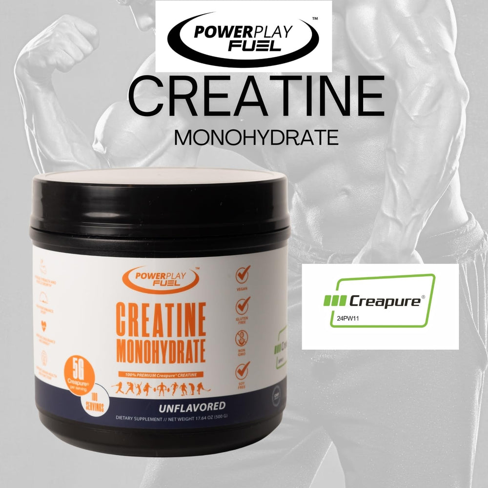 Power Play Fuel Creatine label closeup highlights purity and ingredients.