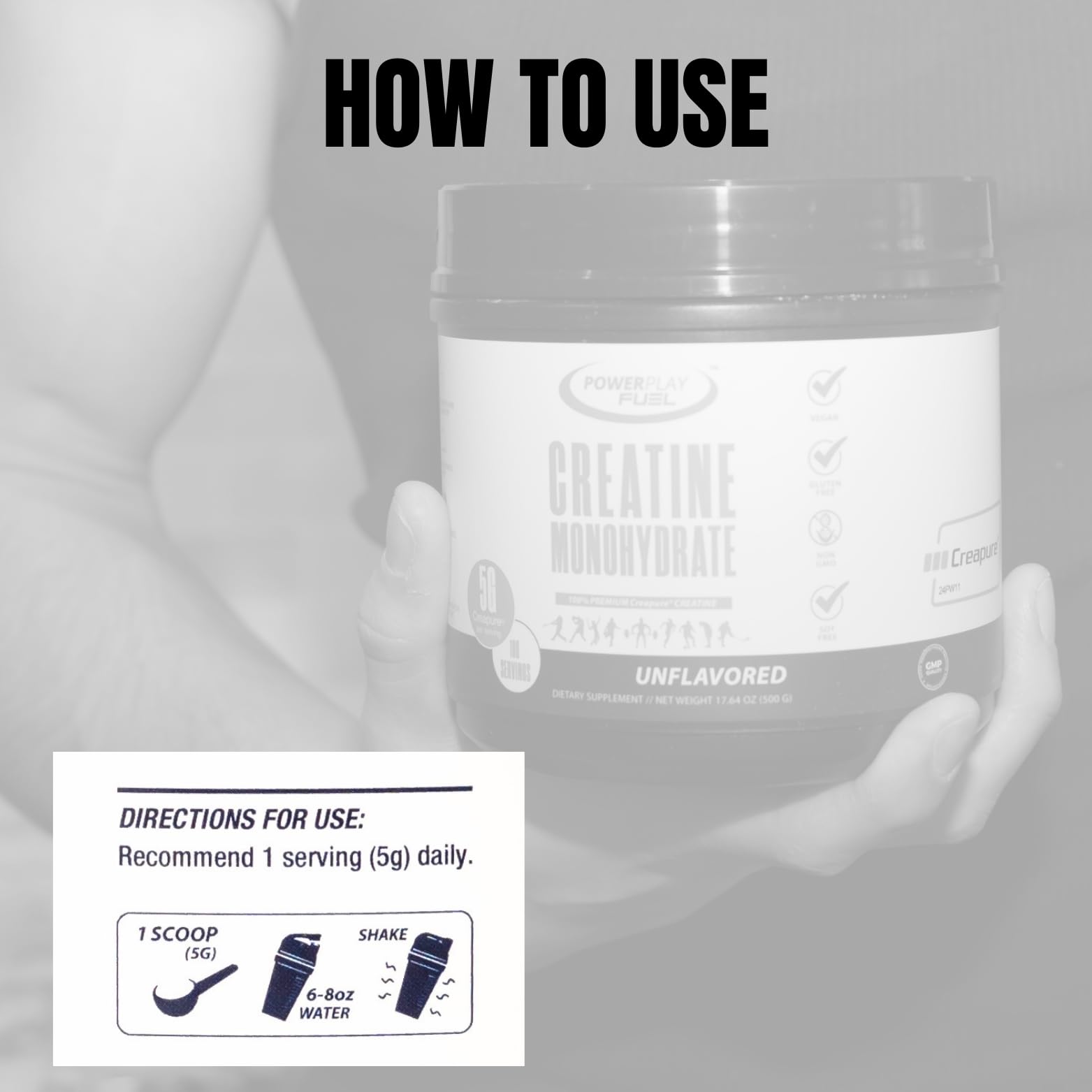 Power Play Fuel Creatine packaging display communicates user-friendly format.