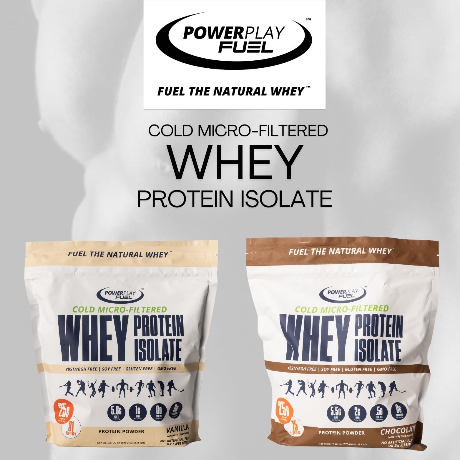 POWER PLAY FUEL scoop dispensing powder for quick, convenient nutrition after training