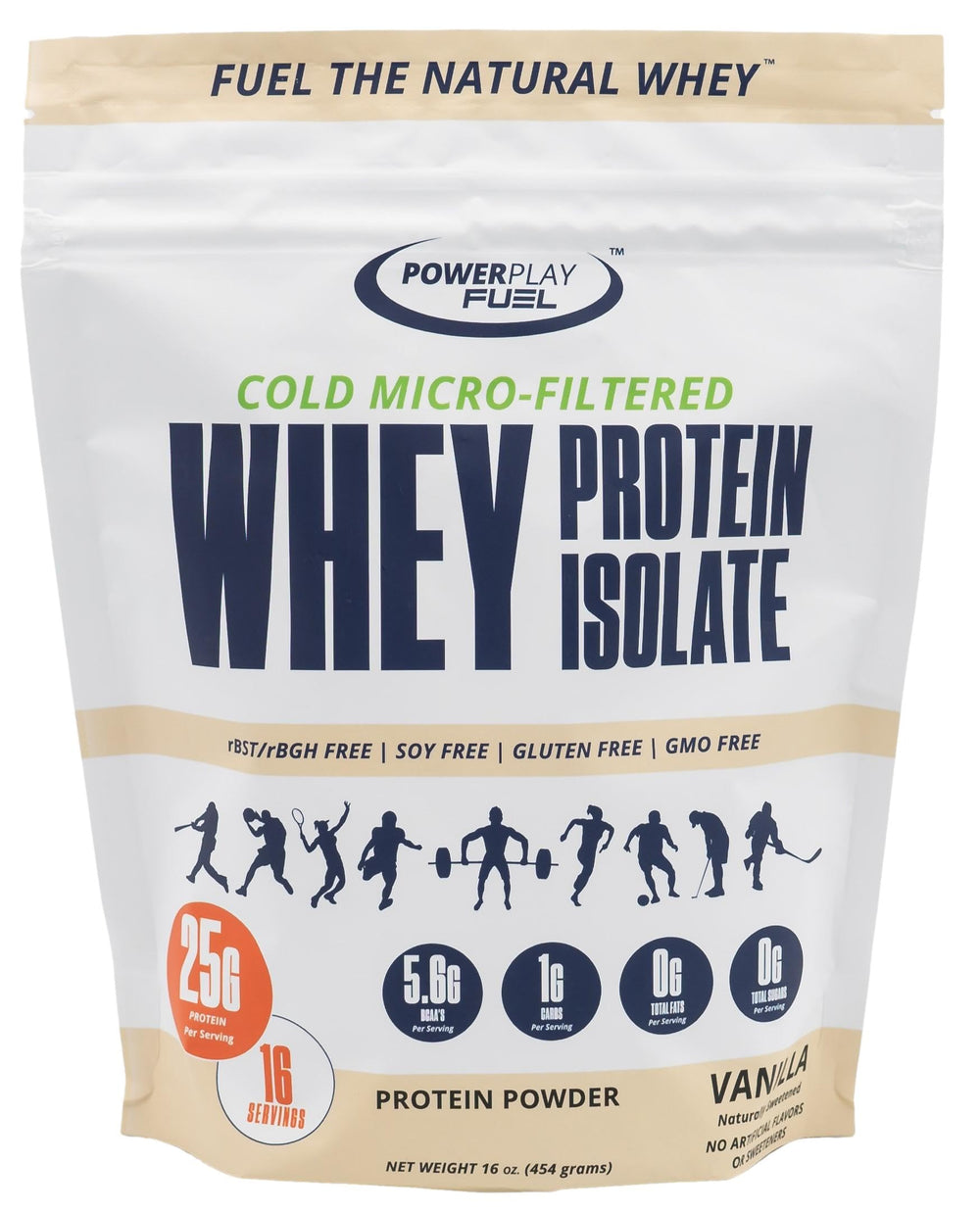 POWER PLAY FUEL vanilla whey isolate bottle showcases fast-absorbing protein for post-workout recovery