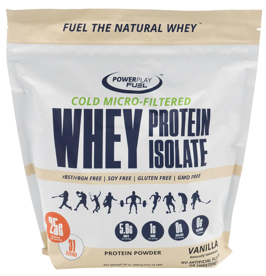 POWER PLAY FUEL vanilla whey protein powder bottle for post-workout fueling.