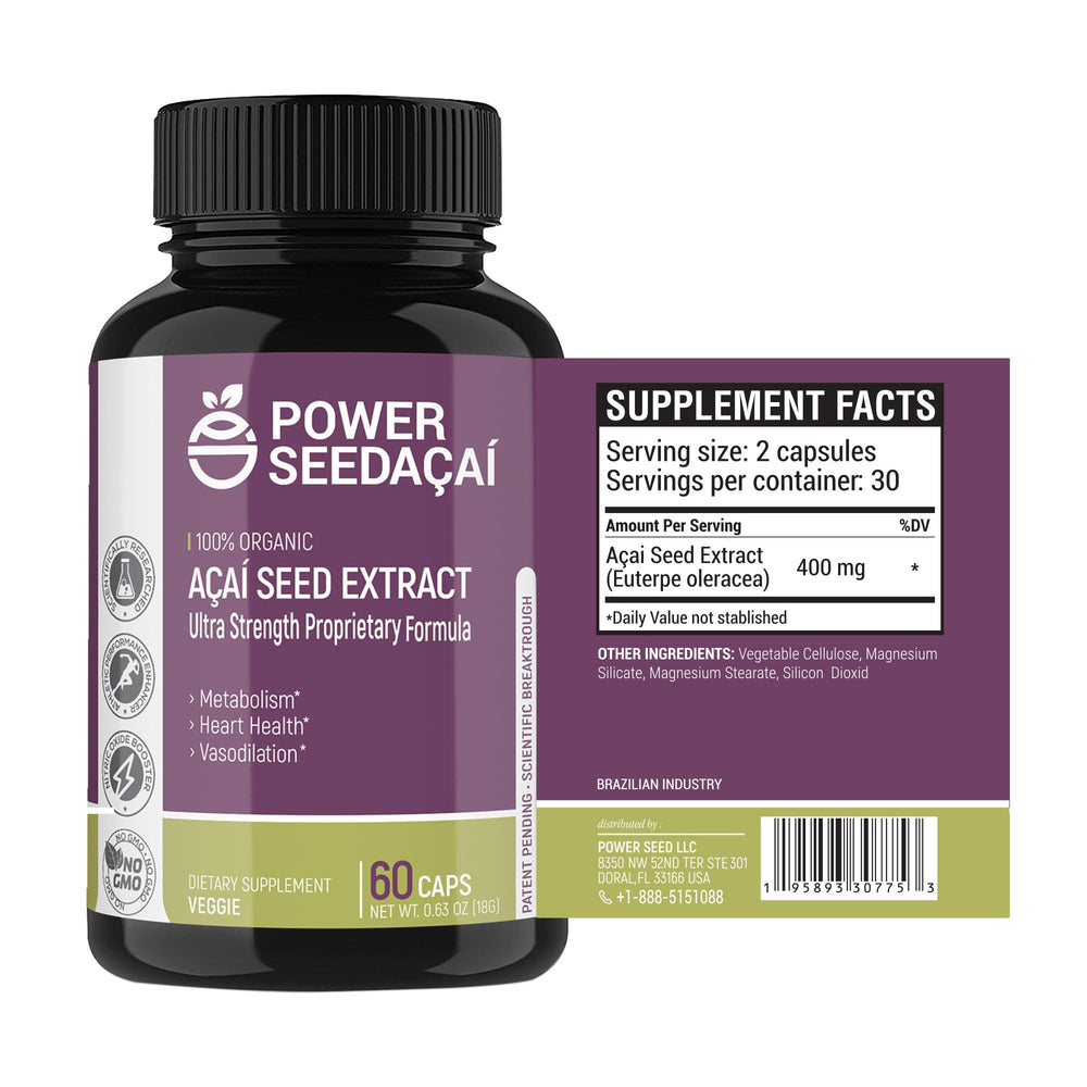 Power Seed Acai bottle with capsules for natural circulation support.