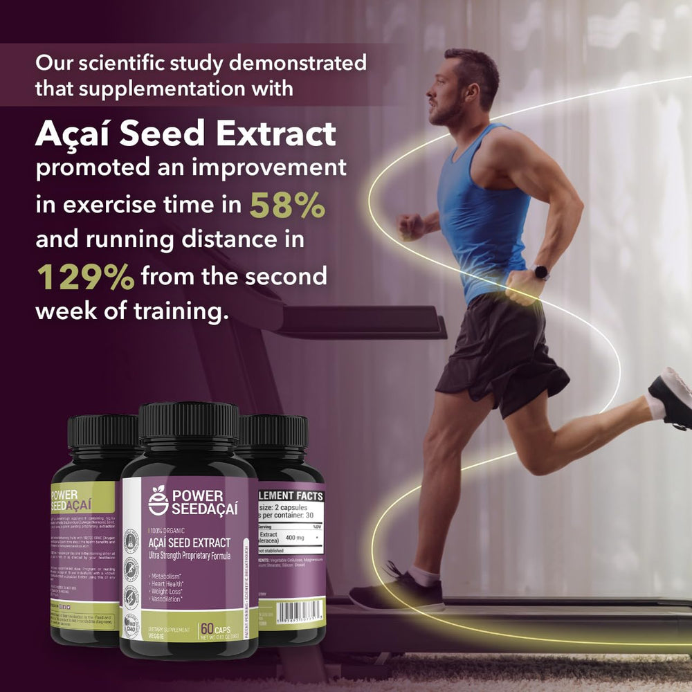 Power Seed Acai ingredients panel emphasizes organic acai seed extract.