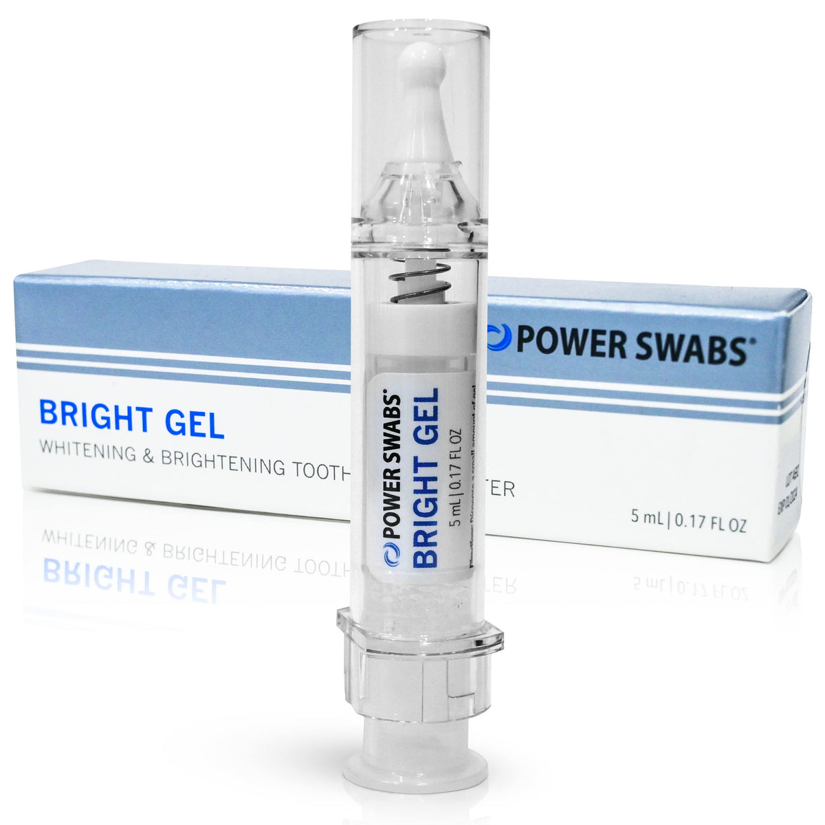 Power Swabs Bright Gel on toothbrush providing daily whitening boost.